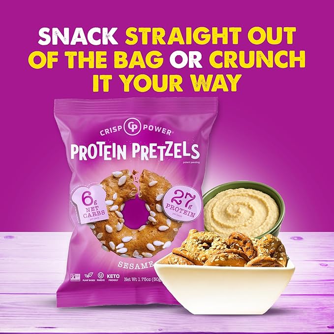 Crisp Power Protein Pretzels, Sesame, High Protein Vegan Keto Snack, 27 G Plant Based Protein, Low Carb Crunchy Pretzel Snacks, No Added Sugar, No Seed Oils, 1.75 oz Bags, 24 Pack