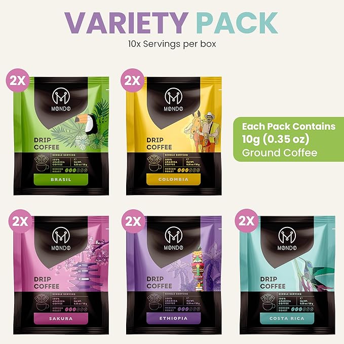 Mondo Drip Coffee Mix (10-Pack Variety), Single Serve Pour Over Filter Bags, Pre-Filled 100% Arabica, Medium Roast