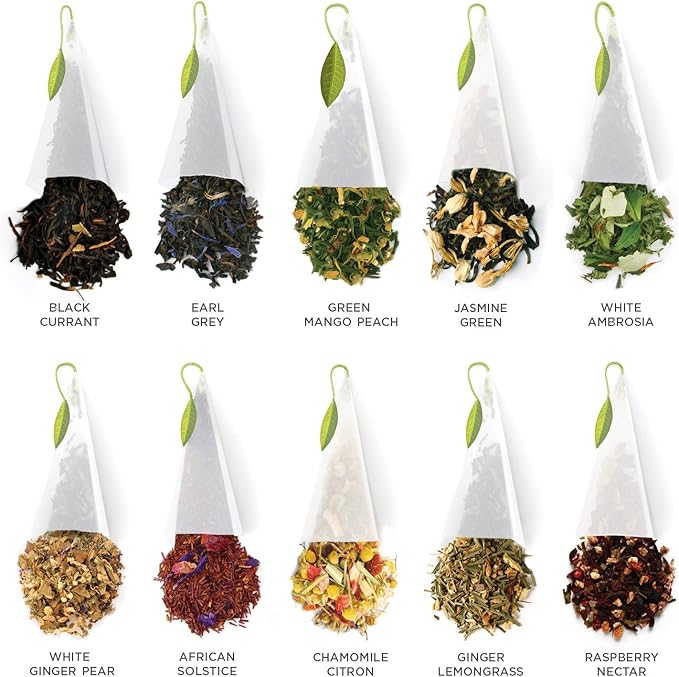 Tea Forte Tea Sampler Presentation Box, 20 Assorted Handcrafted Pyramid Tea Infuser Bags, Tea Tasting Assortment: Black, White, Green, Herbal