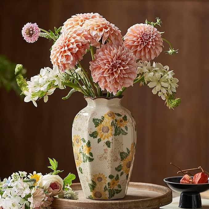 Vintage Pastoral Octagonal Vase, 9.3 Inch Ceramic Sunflower Flower Vases, Rustic Farmhouse Antique Chinoiserie Floral Vase for Wall Art Bedroom and Shelf Home Decor (Octagonal)