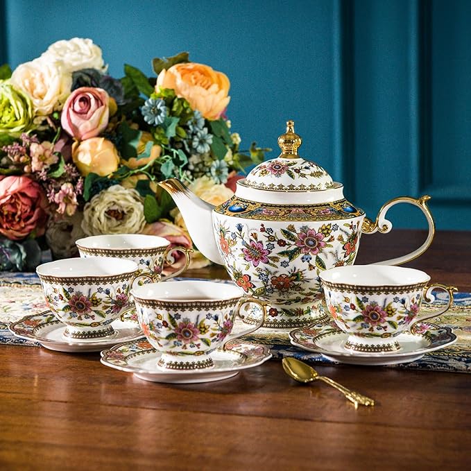 ACMLIFE Fine Bone China Tea Set, British Vintage China Set for Adults 24K Gold, Afternoon Cups and Saucers for Women Tea Party or Gift Giving (Pink and Gold)
