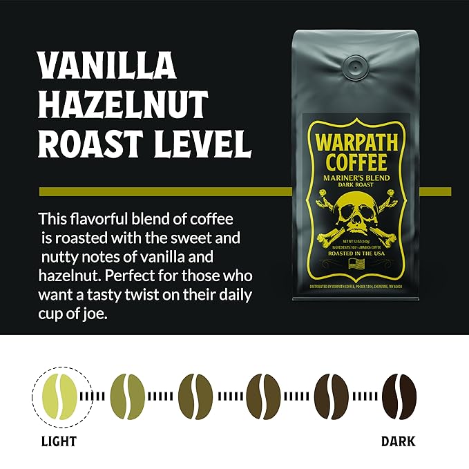 Warpath Coffee Light Roast Ground Coffee, Vanilla Hazelnut Blend, High Caffeine, Extra Strong Roasted 100% Arabica Coffee Ground Beans, Rich Aroma, Full Bodied Intense Cup, Created by Navy SEALs, 12oz