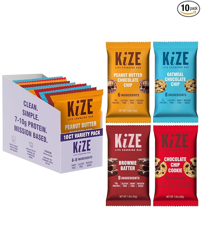 KiZE Energy Bars - Variety Pack - Gluten Free, Dairy Free Options, Non-GMO, and High Protein Meal Replacement Energy Bars, Clean and Simple Food Ingredients - 7-10g High Protein Snacks, (10 Count)