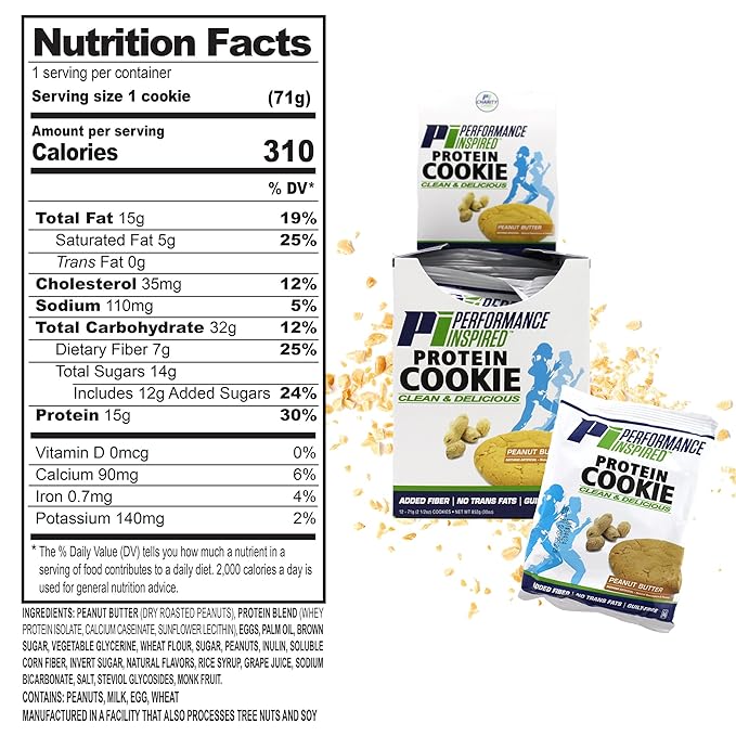 Performance Inspired Nutrition Protein Cookie - Contains: BIG 15G Isolate Proteins - 7G Of Fiber - All Natural - Gluten Free - No Artificial Ingredients - Peanut Butter Flavor - 12 Count