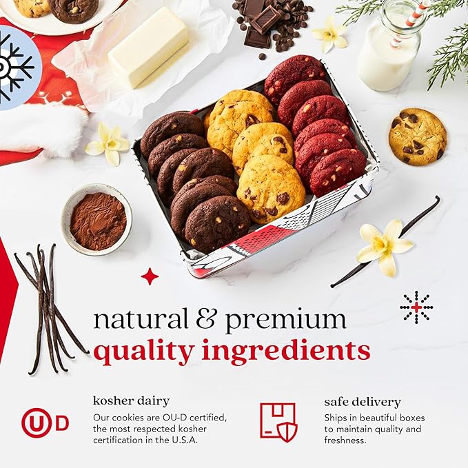 David's Cookies Merry Christmas Mini Cookies in Sweet Sampler Tin - Assorted Mini Christmas Cookies with Chocolate & White Chocolate Chip and Red Velvet - Gourmet Cookie Gift Basket for Holidays 14oz