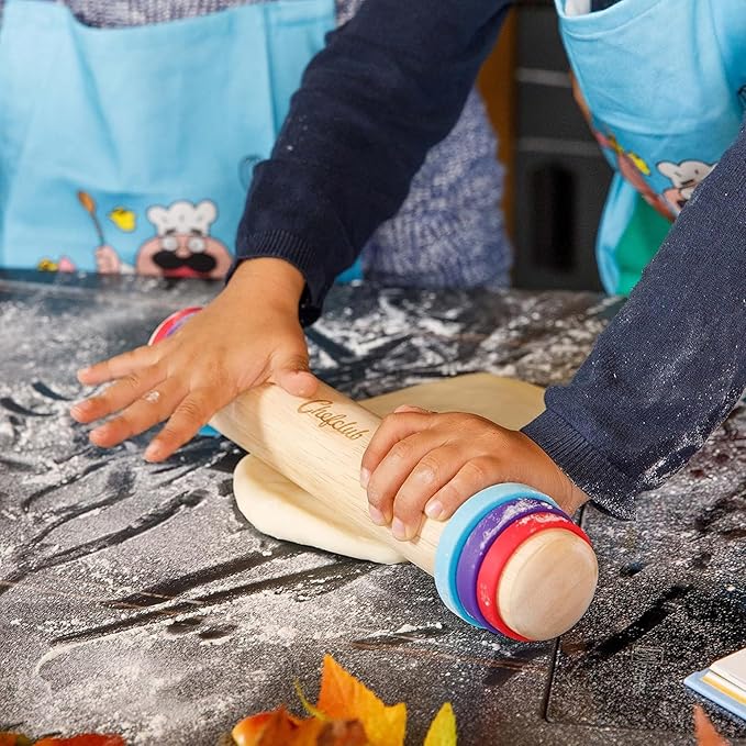 Adjustable Wooden Rolling Pin - 3 Removable Silicone Rings - Perfect for Baking & Pastry, Pizza, Pie, Cookie Dough - Precision Baking Tool for Kids