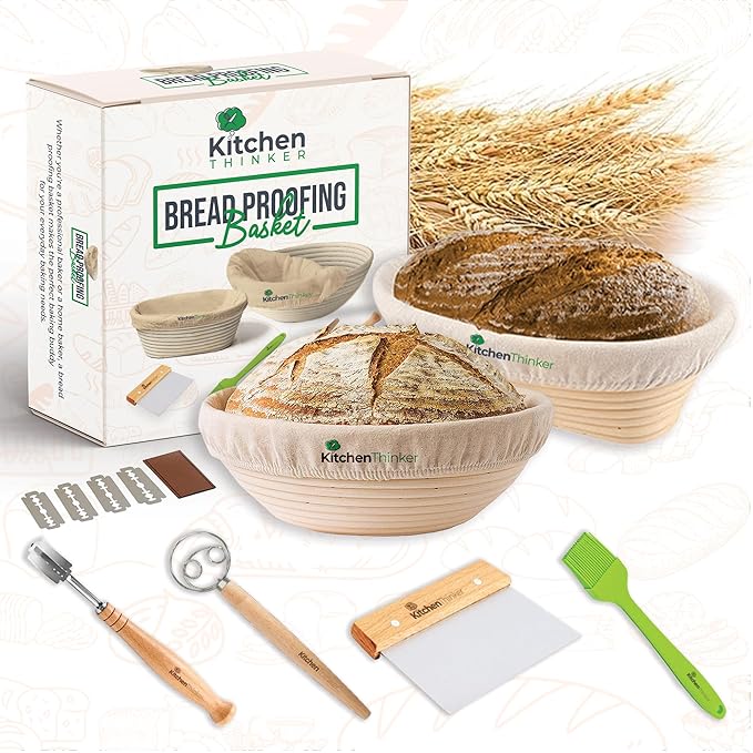 Banneton Bread Proofing Basket, Sourdough Bread Baking Supplies with 9 Inch Round and 10 Inch Oval Banneton Basket, Danish Dough Whisk,Dough Scraper and Bread Lame