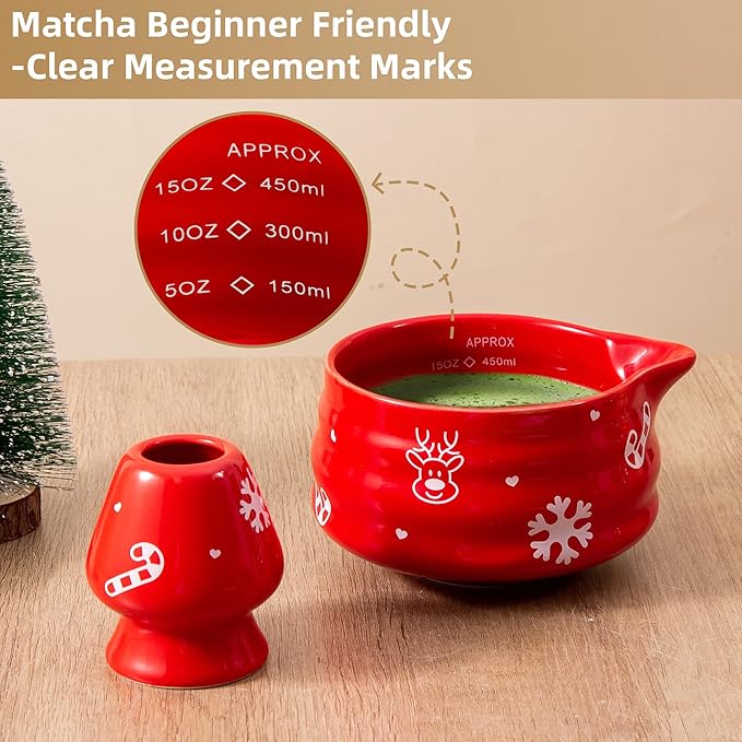 5pcs Premium Matcha Set,Ceramic Bowl with Spout and Bamboo Whisk set, Ceremonical Matcha Kit for breakfast/latte,Tea Starter Making Kit,Christmas Matcha Gift set (Reindeer Red)