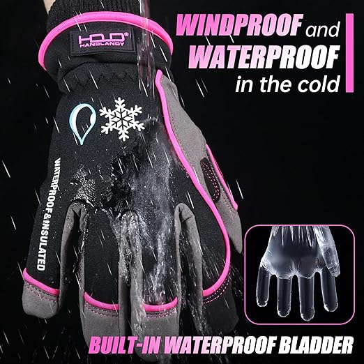 HANDLANDY Waterproof Insulated Work Gloves, 3M Thinsulate Thermal Winter Gloves for Men Women Touch Screen, Warm Ski Snowboard Cold Weather Gloves (Small, Pink)