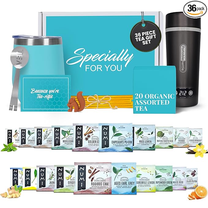 Organic Gift Set with Portable Kettle - 36 Piece Gift for Tea Lovers - Includes Insulated Mug, Assorted Organic Teas, Honey Sticks & Accessories - Ultimate Brewing Experience