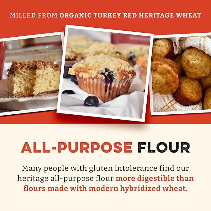 Sunrise Flour Mill Heritage Organic White Flour | USDA Organic All Purpose Flour Unbleached - Non-GMO, Kosher, Grown Without Glyphosate, High Protein for Baking, Unbromated White Wheat (400 Ounce (Pack of 1))