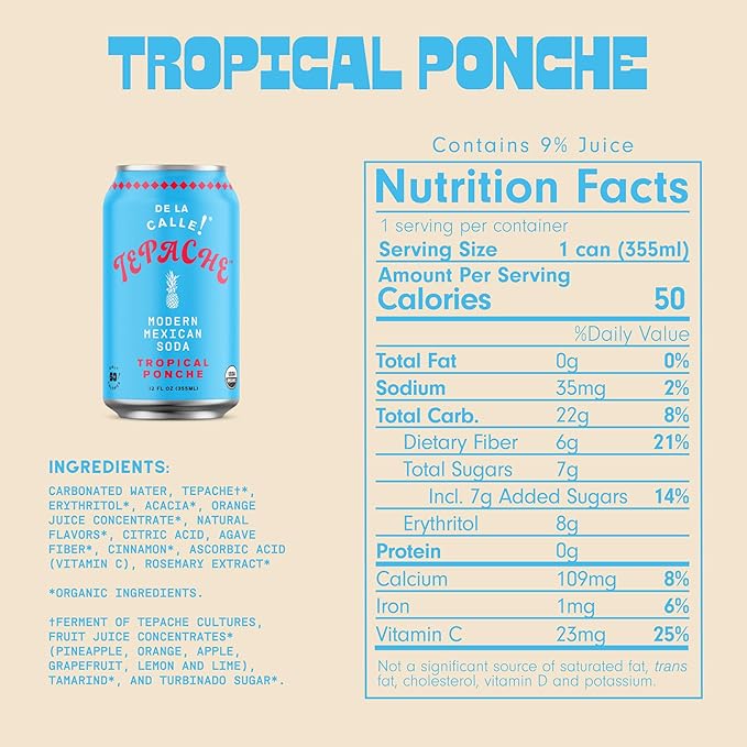 De La Calle Tepache - Tropical Ponche - Modern Mexican Soda - Craft Fermented Pineapple Sparkling Beverage - Certified Organic, Antioxidant Rich, Non-Alcoholic, Healthy Soda, Low Sugar, Low Calorie, Non-GMO