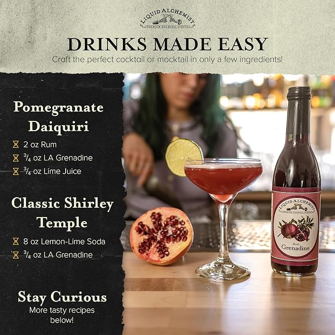 Liquid Alchemist Grenadine Syrup for Cocktails - Real Ingredients Make our Pomegranate Syrup the Perfect Shirley Temple Mix - Our Small Batch Grenadine is Non-GMO, Gluten Free & Vegan (12 oz)