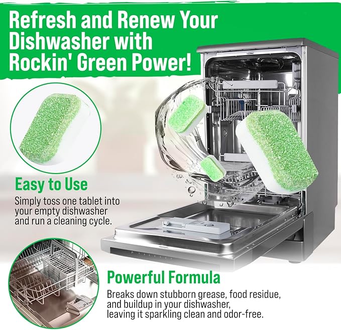 Rockin' Green Dishwasher Cleaner Tablets (8 Pack) - Septic Safe Dishwasher Cleaning Tablets Dishwasher Cleaner and Deodorizer - Dishwasher Remove Build Up with Citric Acid (Sweet Child O'Lime)
