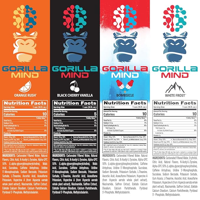 Gorilla Mind Energy Drink | Unmatched Energy · Amplified Focus | N-Acetyl-L-Tyrosine, Alpha-GPC, 200mg Caffeine, Uridine, Saffron | 0 Sugar Or Artificial Colors | 16oz | 12-Pack (Variety Pack #2)