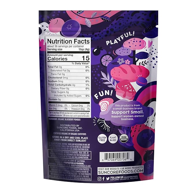 Suncore Foods Organic Indigo Blueberry Powder, Purple Food Coloring Powder, Gluten-Free, Non-GMO, 5oz (1 Pack)