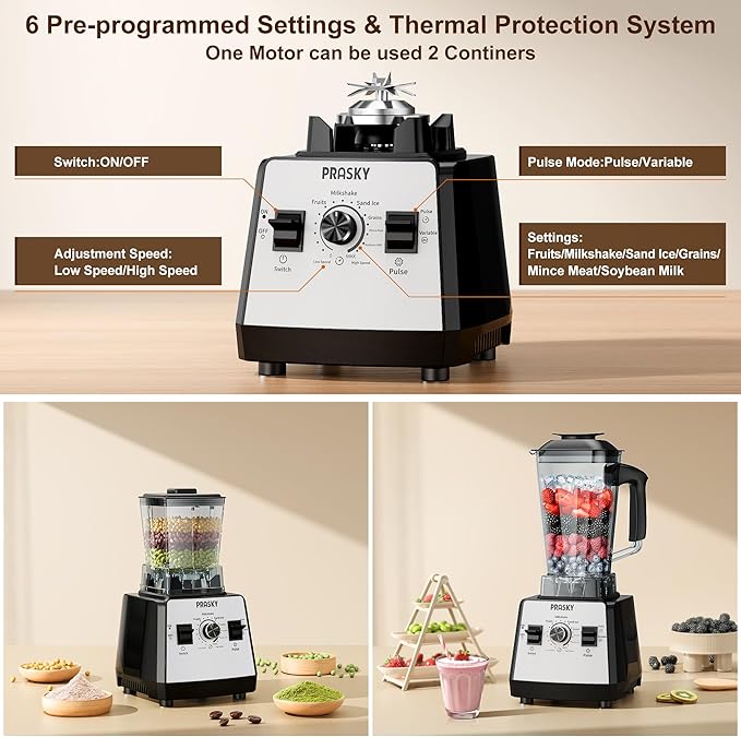 Blenders for Kitchen, Commercial Blender,2400W PRASY Food Processor with 101oz Juice & Grinder Jar, BPA-Free, 25000 RPM Blenders for Smoothies, Ice Crushing, Frozen Fruit (White, 2L)