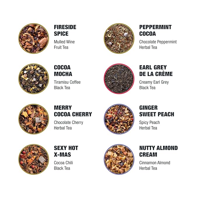 Tiesta Tea - Holiday Tea Sampler Dry Flight Set, Loose Leaf, High to No Caffeine Hot & Iced, Premium Brew Sample with Black, Herbal, Fruit & Hibiscus Blends, 8 Resealable Sample Pouches