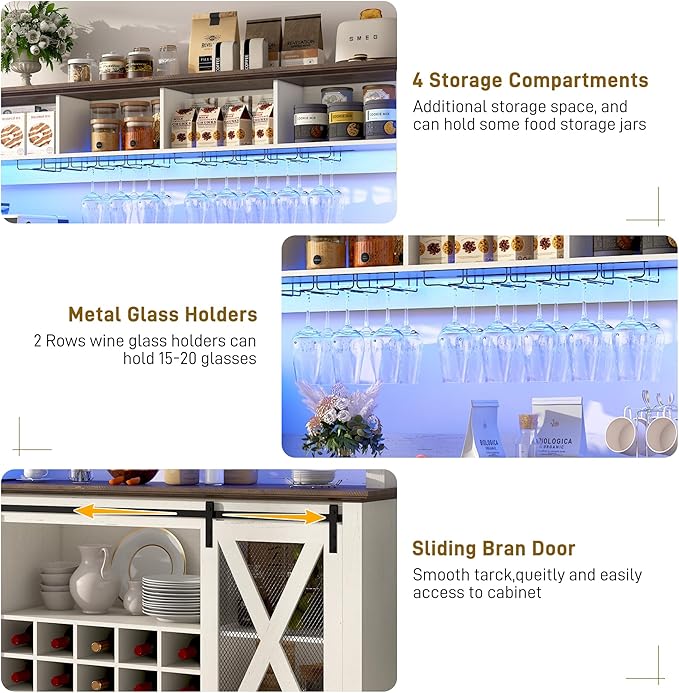 63"W Farmhouse Coffee Bar Cabinet with LED Light,Wine Bar Cabinet w/ 4 Tier Storage Hutch,Kitchen Buffet Cabinet w/Sliding Barn Door & 15 Wine and Glass Racks for Kitchen Dining Room(Antique White)