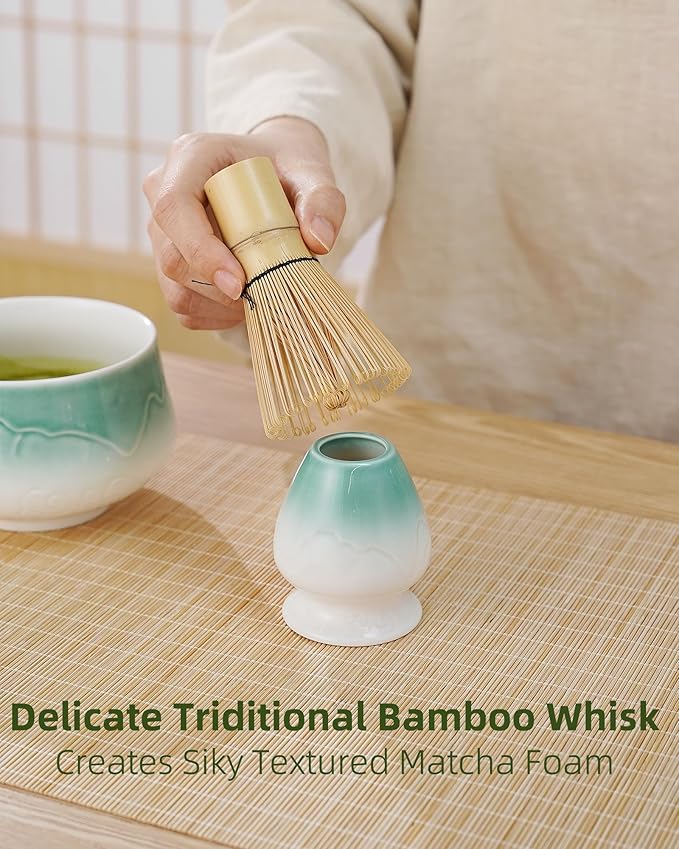 ZENS Matcha Whisk Set, Ceramic Matcha Set Includes Matcha Bowl, Matcha Whisk and Holder, Bamboo Scoop, Stainless Sifter & Tea Towel - 6Pcs Matcha Kit for Matcha Ceremony, Blue