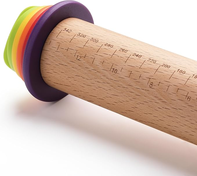 Bamboo Land- Adjustable Rolling Pin with Thickness Rings for Baking, 13.8", 4 Colorful Thickness Rings (2-10 mm or 1/16"-3/8"), Wood Rolling Pins for Baking, Bread, Pizza & Cookie Doughs