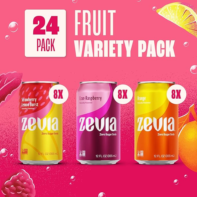 Zevia Zero Sugar Soda, Fruity Variety Pack, 12 oz Cans (24-Pack) – Naturally Sweetened, Zero Calorie Sugar Free Soda - Non-GMO Project Verified, Gluten-Free, Vegan