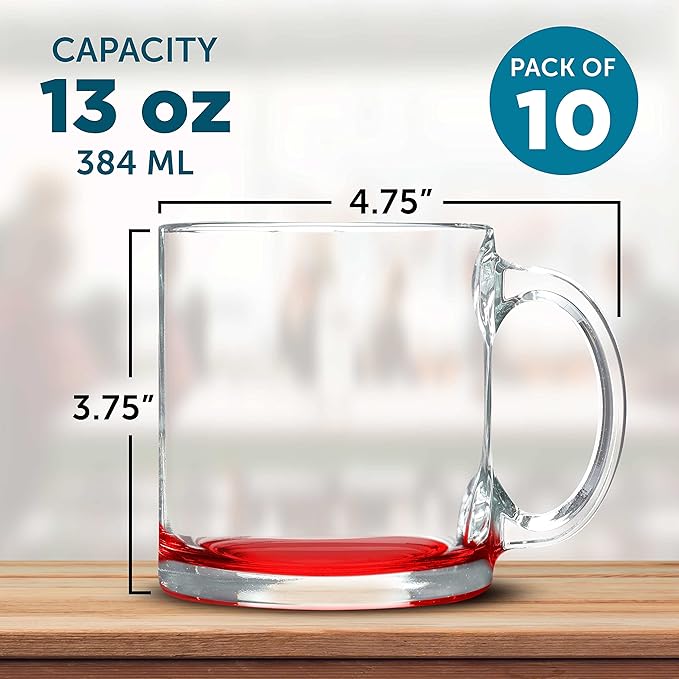 Libbey Clear Glass Coffee Mugs 13 oz. Set of 10, Bulk Pack - Perfect for Coffee, Tea, Espresso, Hot Cocoa, Other Beverages - Red Bottom