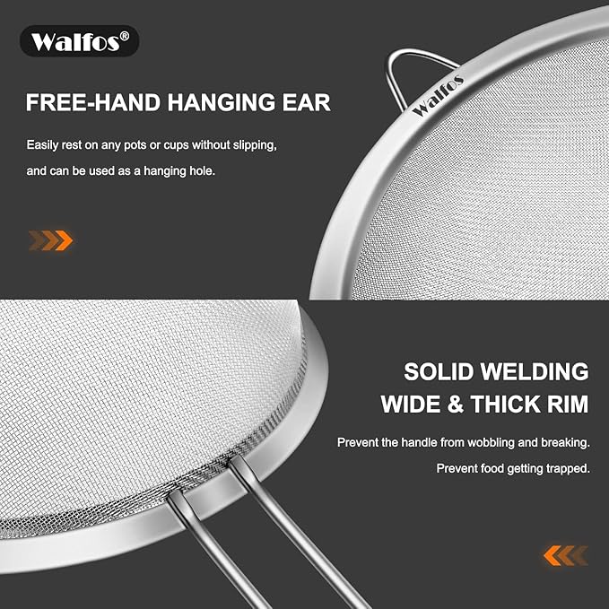 Walfos Fine Mesh Strainer 4PCS, Versatile Kitchen Strainer with Handle - 7", 5", 3.3", 2.8" Sieve Fine Mesh Stainless Steel, Metal Strainers and Sifters for Rice, Quinoa, Tea, Cocktail, Pasta, Juice
