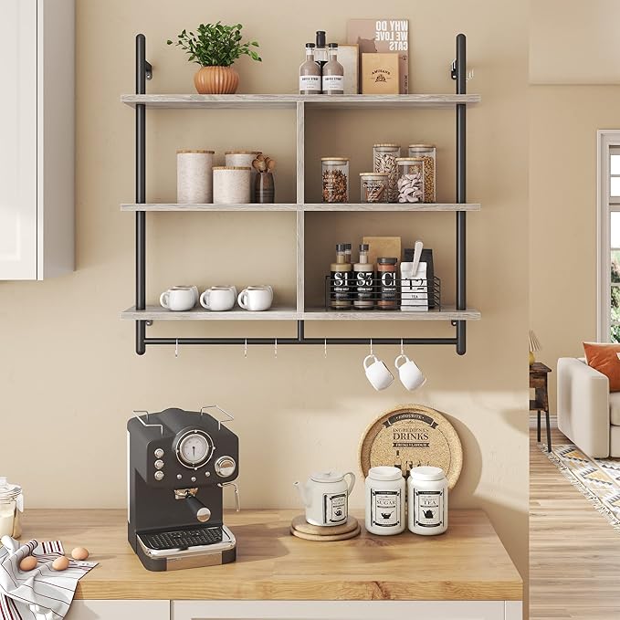 Bestier 41.5" Floating Pipe Shelving Kitchen Shelves Wall Mounted 3 Tier Ladder Shelf Hanging with Circular Tube Display Bookshelf Storage for Living Room Kitchen Balcony, Retro Grey
