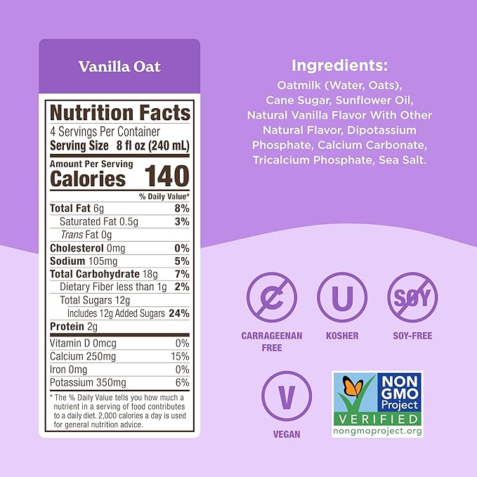 Califia Farms – Vanilla Oat Barista Blend Oat Milk, 32 Oz (Pack of 6), Shelf Stable, Dairy Free, Plant Based, Vegan, Gluten Free, Non GMO, Milk Frother, Creamer, Blue