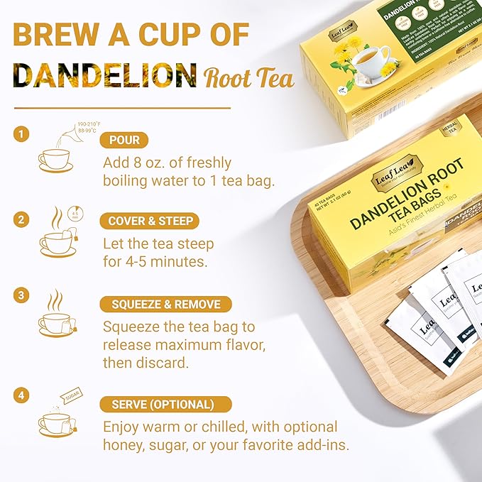 LeafLea 120 Dandelion Root Tea Bags, Dandelion Tea Promotes Healthy Digestion & Immune Function, 100% Natural and Pure from Dandelion Root Herbal Tea, Caffeine-Free, Sugar-Free, Vegan, Pack of 3