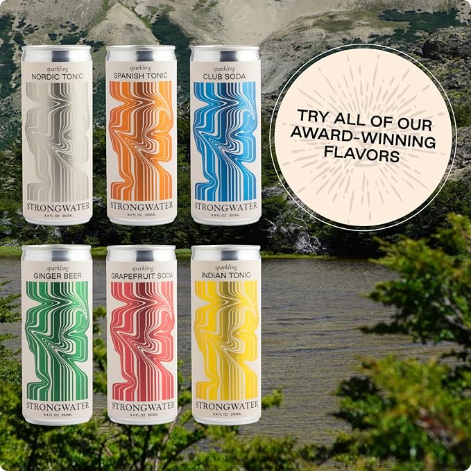 Strongwater Sparkling Nordic Tonic Water - 12 Pack Cans (8.4 Fl Oz Each) - Premium Mixer Made with Quinine, Rocky Mountain Water & Botanicals - Real Cane Sugar, No Artificial Flavors