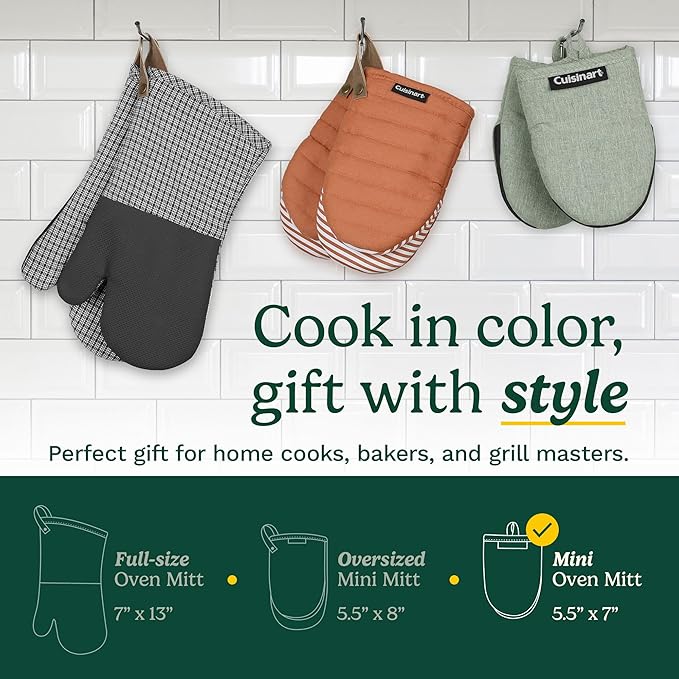 Cuisinart Mini Oven Mitts – 5.5” x 7” Heat-Resistant Kitchen Mitts for Oven with Non-Slip Neoprene Palm, Cotton Filling, and Fabric Loop – Durable Oven Mitt Set for Cooking & Baking (Black)