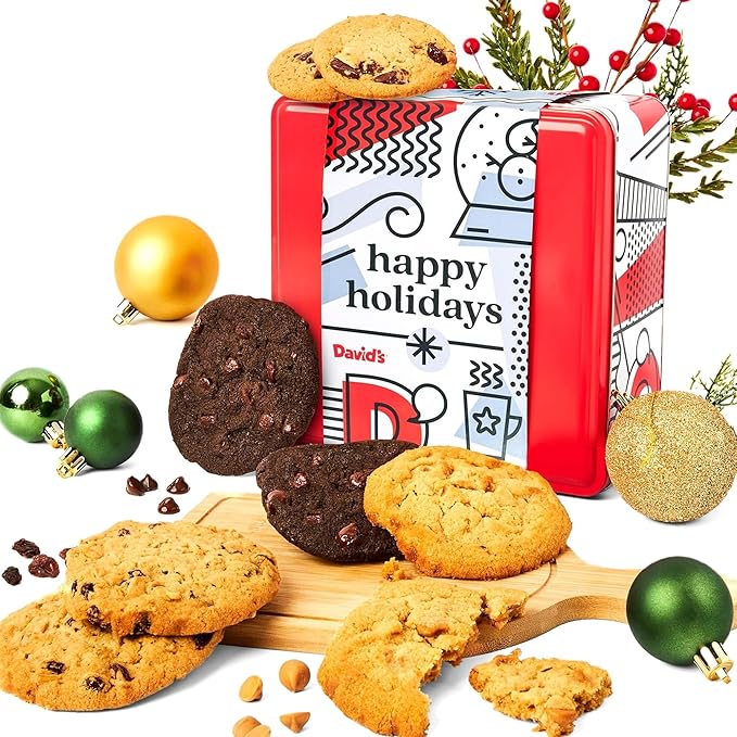 David’s Cookies Happy Holidays Assorted Cookies Gift Tin – 1lb Soft and Gourmet Christmas Cookies Tin – Freshly Baked Holiday Cookies Gift Basket - All Natural and Handmade Christmas Cookies