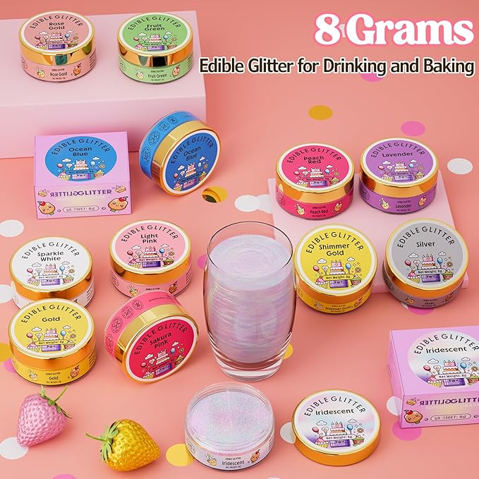 Nomeca Edible Glitter for Drinks Cakes, 8 grams Food Grade Luster Dust Sprinkles Glitter for Cake Decorations, DIY Cocktails, Beverages & Cake Decorating, Dessert Cake Topper (5-Sakura Pink)