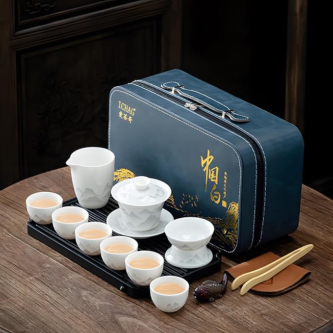ICHAG Chinese Tea Set, Gongfu Tea Sets for Adults, China Gaiwan Teaset, 14-Piece Yangzhi Jade (茶具) Porcelain Set with Suspended Gaiwan & Tea Pet, Portable Travel Teaset for Home, Outdoor, Office Gifts