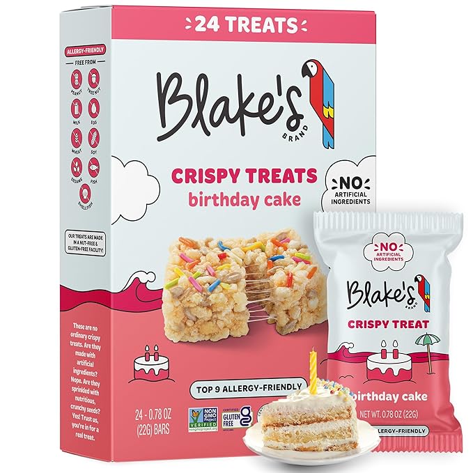 Blake’s Seed Based Crispy Treats – Birthday Cake (24 Count), Nut Free, Gluten Free, Dairy Free & Vegan, Healthy Snacks for Kids or Adults, School Safe, Low Calorie Soy Free Snack