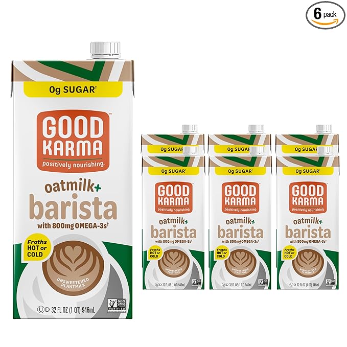 Good Karma Unsweetened Oatmilk + Barista Blend, 32 Ounce (Pack of 6), 800mg Omega -3s, Plant-Based Non-Dairy Milk Creamer Alternative with Oats, Flax and Peas, Lactose Free, Vegan, Shelf Stable