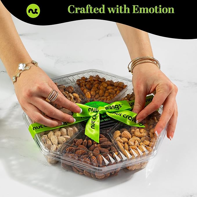 NUT CRAVINGS - Thanksgiving Mixed Nuts Gift Basket + Green Ribbon (7 Assortments, 2.2 LB) Holiday Xmas Christmas Food Arrangement, Healthy Snack Care Package, Food Assortments