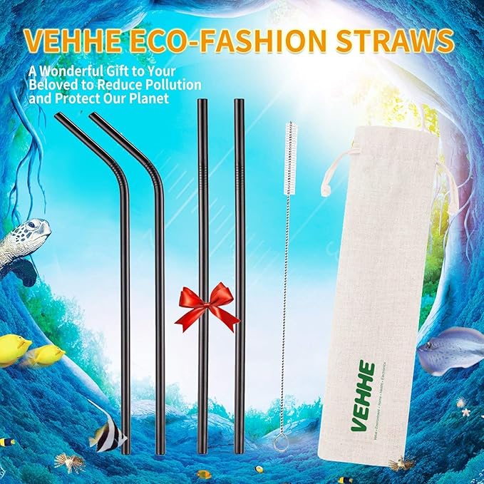 VEHHE Black Metal Straws Reusable Stainless Steel Straws with Cleaning Brush for 20/30 Oz for Yeti RTIC SIC Ozark Trail Tumblers (Black)