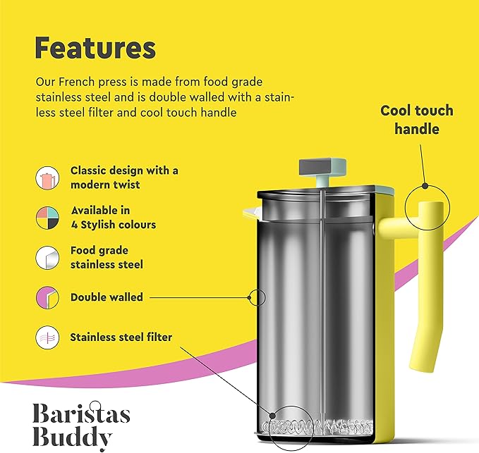 Yellow French Press Coffee Maker - Colorful, Retro And Stylish Insulated Coffee Brewer - Large Size Brews 4 Cups