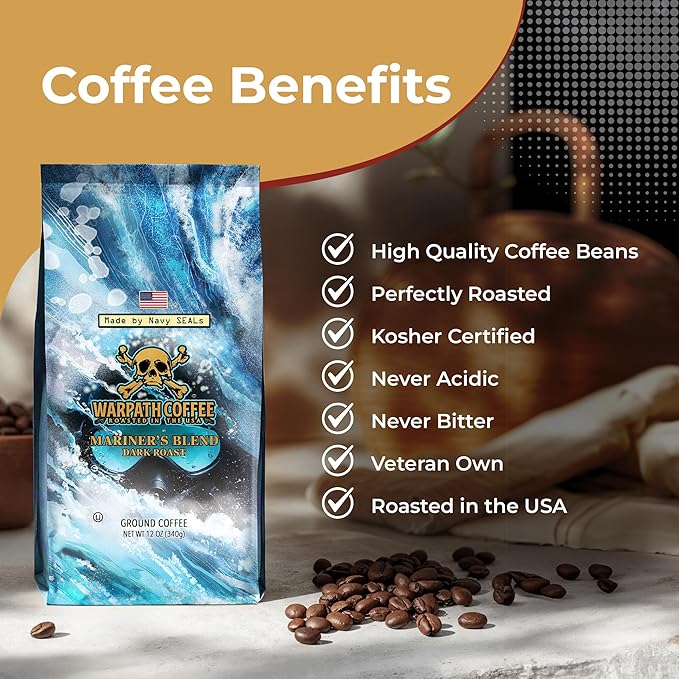 Warpath Coffee Ground Coffee Dark Roast, Mariner's Blend, High Caffeine, Extra Strong Roasted 100% Arabica Coffee Ground Beans, Rich Aroma, Full-Bodied Intense Cup, Created by Navy SEALs, 12oz