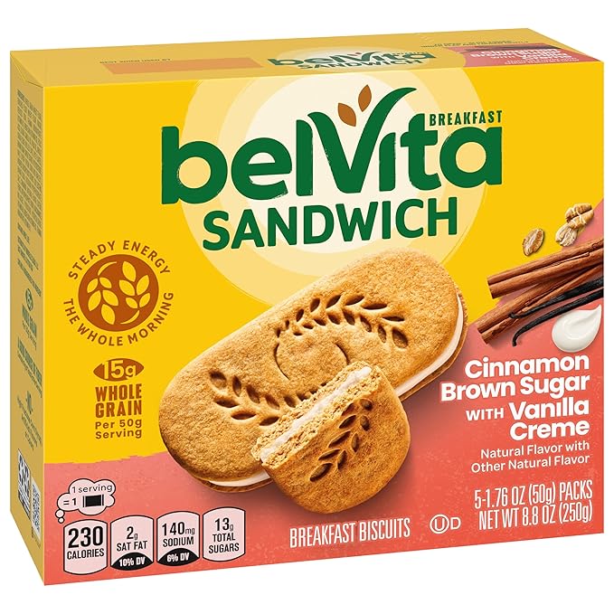 belVita Breakfast Biscuit Sandwiches, Cinnamon Brown Sugar & Vanilla Creme Flavor, 5 Packs (2 Biscuit Sandwiches Per Pack),5 Count(Pack of 1)