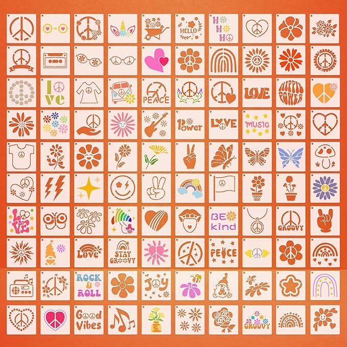 Fainne 100 Pcs Stencils for Painting on Wood Reusable Stencil Crafts Drawing Templates Holiday Wall Paper for DIY Scrapbook Home 2 x 2 Inch (Groovy Party)