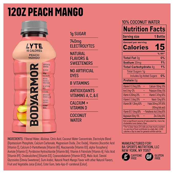 BODYARMOR LYTE Sports Drink Low-Calorie Sports Beverage, Peach Mango, Coconut Water Hydration, Natural Flavors With Vitamins, Potassium-Packed Electrolytes, Perfect For Athletes, 12 Fl Oz (Pack of 8)