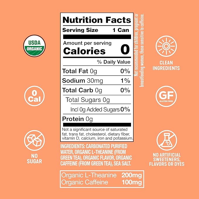 ARDOR ENERGY Sparkling Water with 100mg Natural Caffeine & 200mg L-Theanine from Organic Green Tea for Smooth Energy & Focus | Healthy Energy Drink | No Sugar, Zero Calories, Vegan, Gluten-Free | White Peach (Pack of 12, 12oz cans)