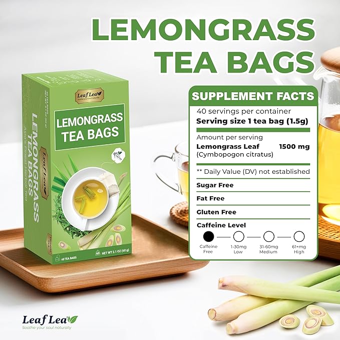 LeafLea Lemongrass Tea Bags, 40 Count, 100% Natural Lemongrass Leaves, Te Limon Grass, Te de Limoncillo Herbal Tea with Smooth Light Aroma, Sugar-Free, Caffeine-Free, Non-GMO, Vegan Friendly