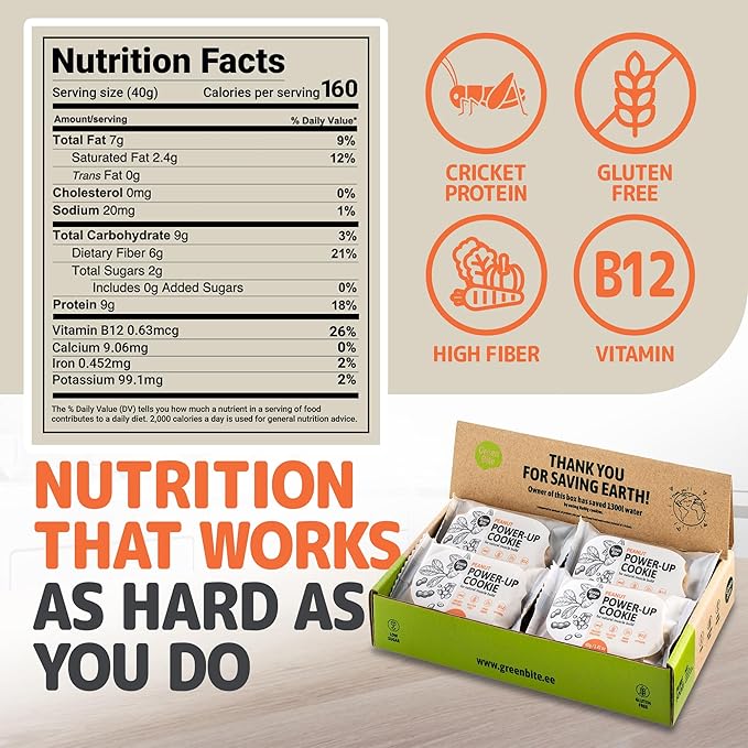 Green Bite Protein Cookies With Cricket Flour and Peanut – High Protein, Low Carb, Low Calorie, Gluten-Free Healthy Snack, Ideal for Breakfast, Post-Workout, Lunch Boxes and On-the-Go Fuel (8 pcs box)