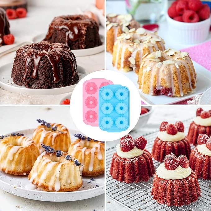 Mini Bundt Cake Pans for Baking, 2Pcs Silicone 6-Cavity Fluted Tube Cake Pan with Metal Reinforced Frame, Nonstick Baking Molds for Cupcake, Brownie, Donuts, Cornbread, Jello