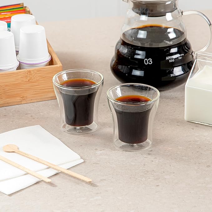 Restaurantware-Forma Professional 3.4 oz Double Wall Shot Glasses, 2 Insulated Espresso Cups - Dishwashable, Reusable, Clear Glass Coffee Cups, Freezable, For Hot Or Cold Beverages